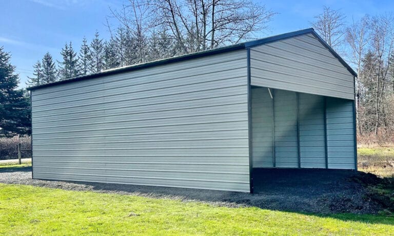 Metal storage shed on grassy landscape