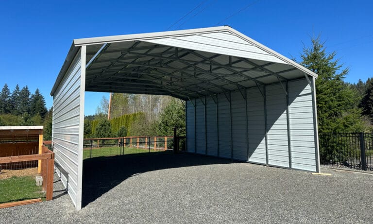 Metal carport in sunny outdoor setting.
