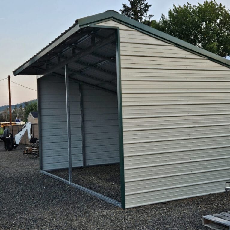 New metal shed under construction outdoors