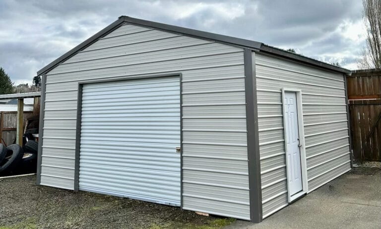 Metallic gray garage with roll-up door