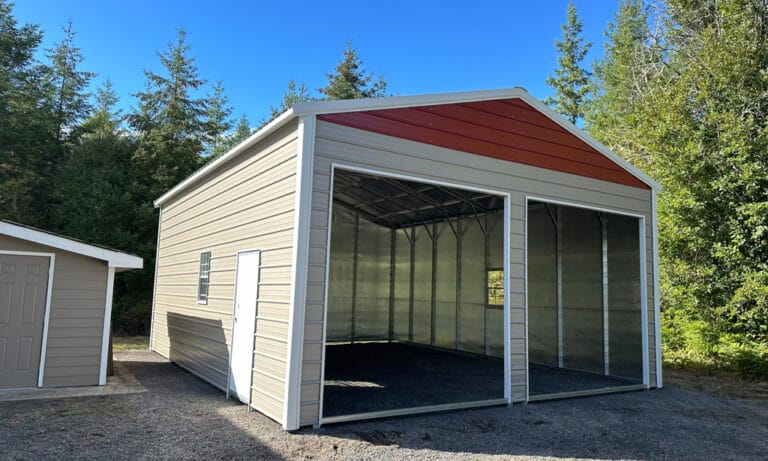 Large open metal and wooden storage shed, sunny day