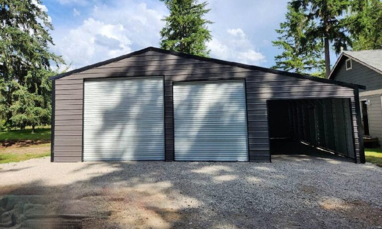 Large metal garage with two roll-up doors.