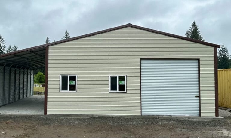 Metal storage building with garage door and windows