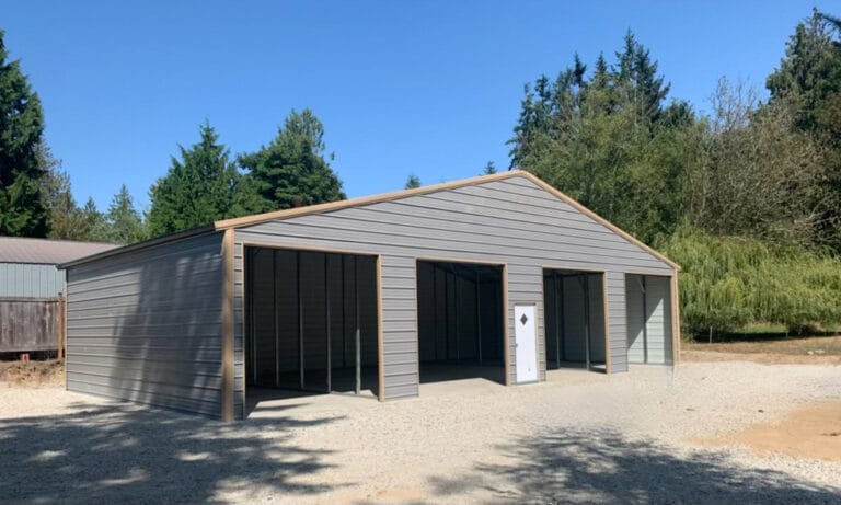 Large open garage with metal exterior.